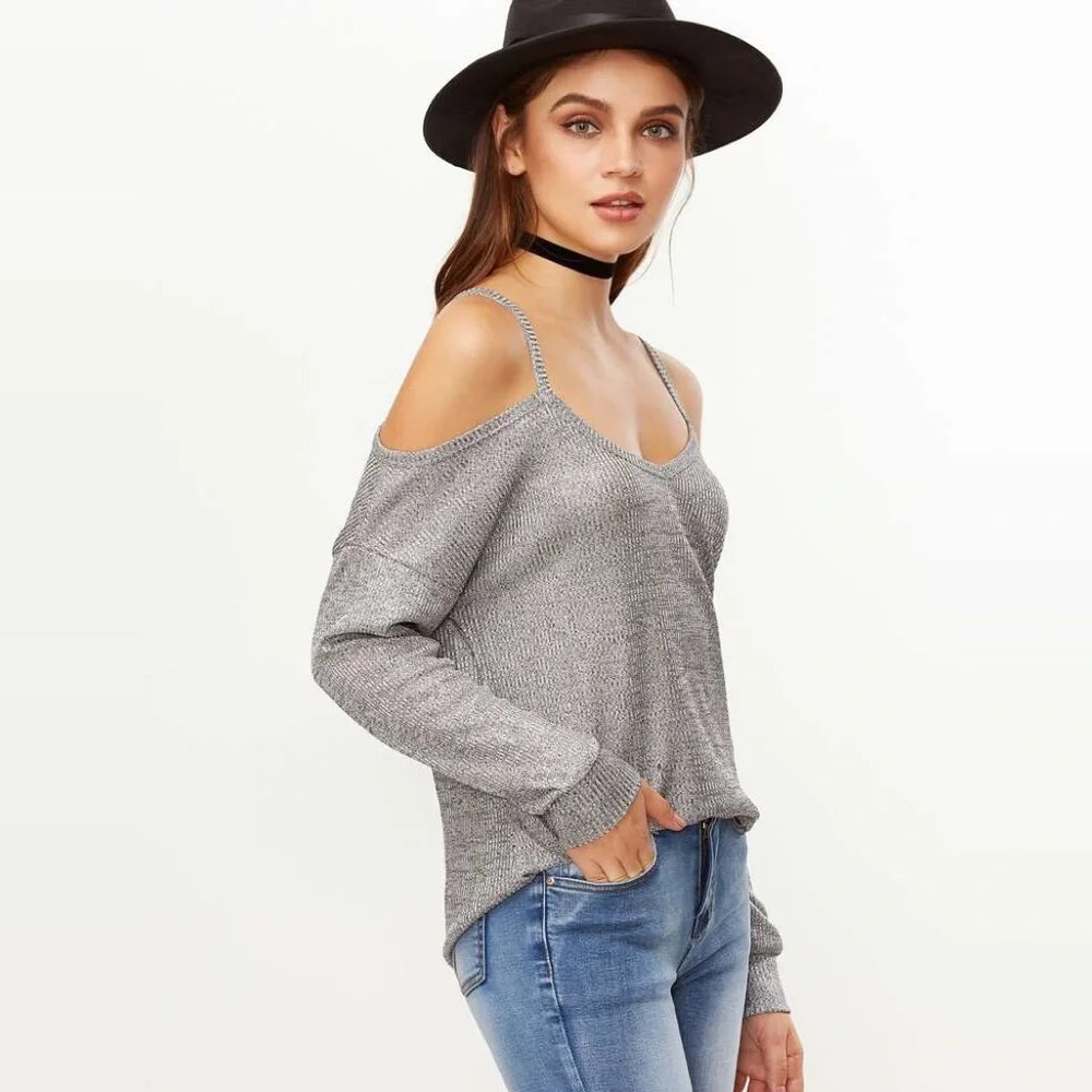 Cold Shoulder High Low Long Sleeve Metallic Silver Knit Top - Picture 3 of 6